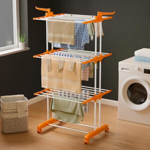 811Vmj9ULwL._SL1500_ Happer Premium Clothes Stand for Drying with Wheels | Portable | 3 Layer Rack for Balcony | Foldable Wings | 24 Hanger Rods | Anti Rust Steel Metal (Orange | Prince Jumbo)
