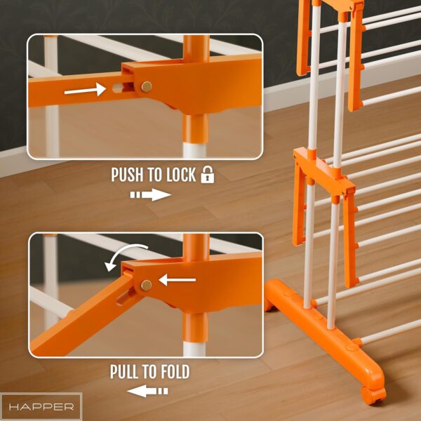 81NAsDuFKDL._SL1500_ Happer Premium Clothes Stand for Drying with Wheels | Portable | 3 Layer Rack for Balcony | Foldable Wings | 24 Hanger Rods | Anti Rust Steel Metal (Orange | Prince Jumbo)
