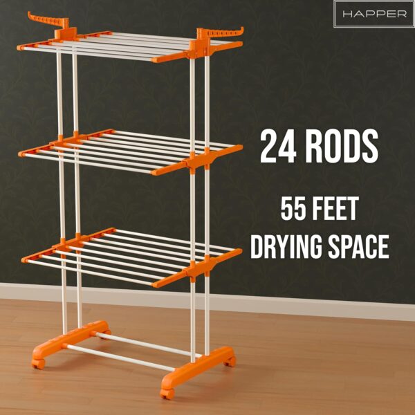 81OTNaV-Z0L._SL1500_ Happer Premium Clothes Stand for Drying with Wheels | Portable | 3 Layer Rack for Balcony | Foldable Wings | 24 Hanger Rods | Anti Rust Steel Metal (Orange | Prince Jumbo)