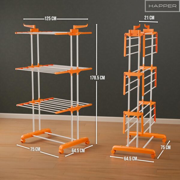 81ruz-nHsSL._SL1500_ Happer Premium Clothes Stand for Drying with Wheels | Portable | 3 Layer Rack for Balcony | Foldable Wings | 24 Hanger Rods | Anti Rust Steel Metal (Orange | Prince Jumbo)