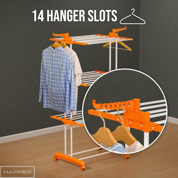 81snQAqMj4L._SL1500_ Happer Premium Clothes Stand for Drying with Wheels | Portable | 3 Layer Rack for Balcony | Foldable Wings | 24 Hanger Rods | Anti Rust Steel Metal (Orange | Prince Jumbo)
